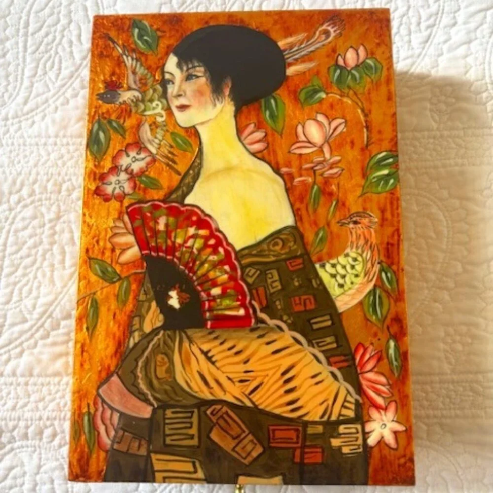 Vintage Lacquer Large 12x8x3 Keepsake Box Lady with Fan Gustav Klimt Art Decor